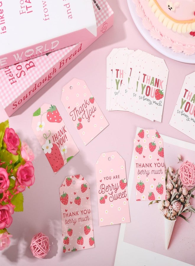 وولاين مجموعة من 90 قطعة من بطاقات تغليف هدايا الفراولة من والين، ملصقات شكر معلقة مع خيط، بطاقات ورقية فارغة مزينة بزهرة الفراولة الوردية، مناسبة لأعياد الميلاد وحفلات استقبال المولود. - Image 5